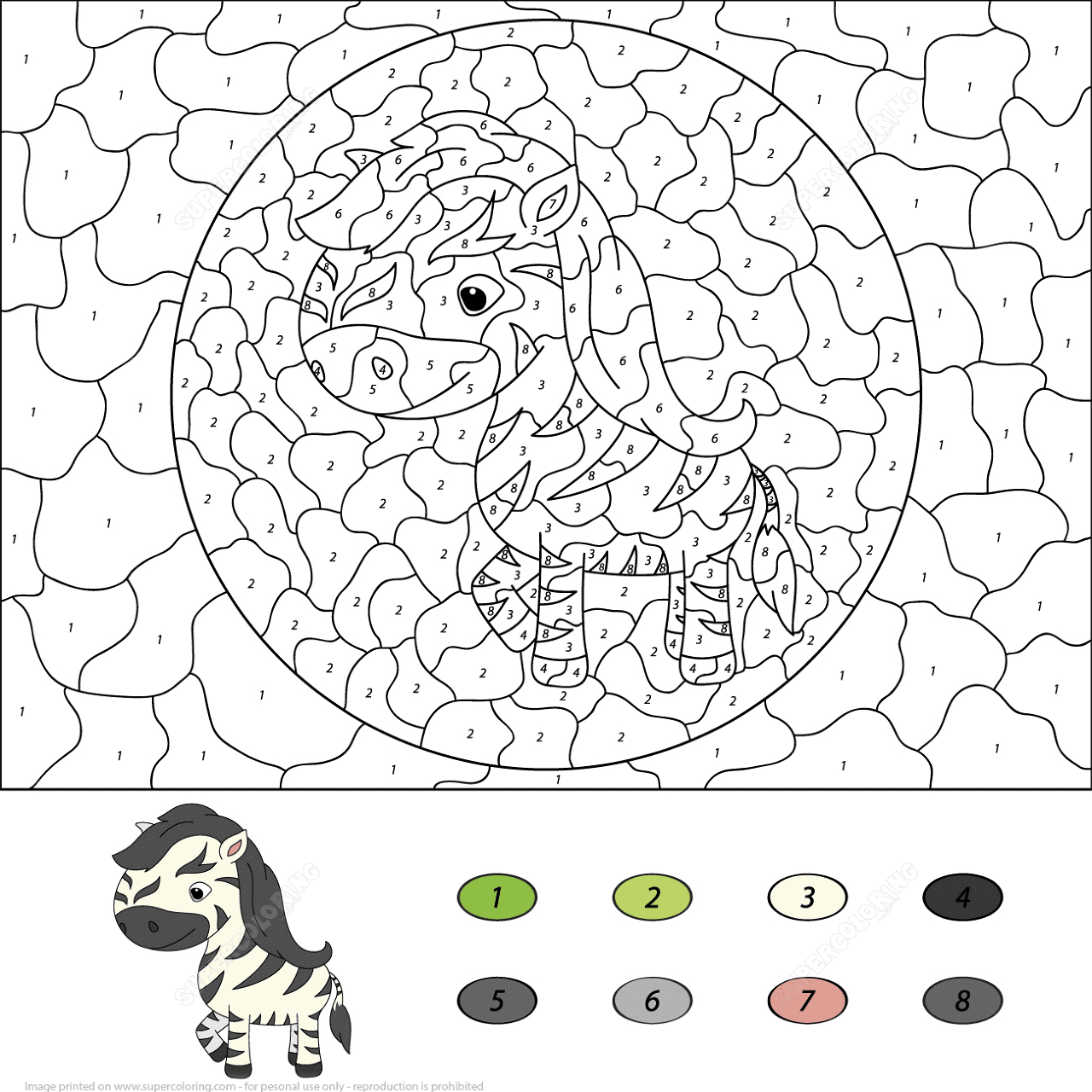 Desenho de Zebras para colorir e imprimir: número 2